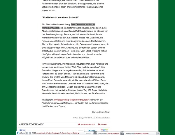 Peinlicher Fehler der Welt am Sonntag: "Deutsches institut für Menschenrechte" als "Deutsches Institut für Menschenhandel" beschrieben. 